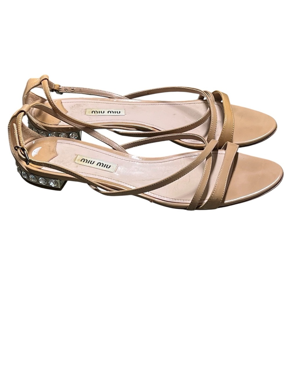 Miu Miu nude patent leather strappy sandals low rhinestone embellished heels